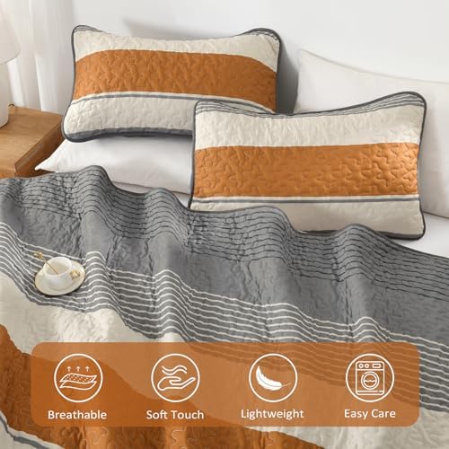 Dinjoy King Boho Striped Quilt Set, Orange Lightweight Bedspread
