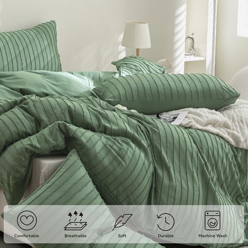 JELLYMONI Green Striped Tufted Duvet Cover Set California King Size