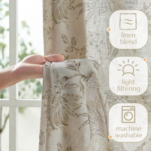 Vangao Taupe Floral Linen Curtains Farmhouse Jacobean Vine 84L 2