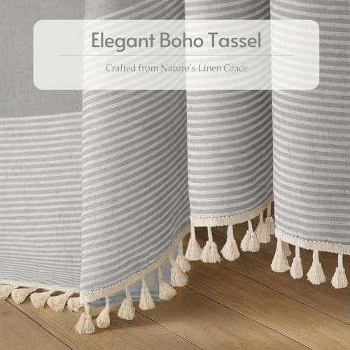 Grey Farmhouse Linen Striped Shower Curtain with Tassel 72"W X 72"L