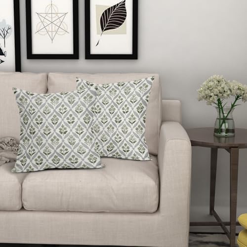 Sage Green Grey Gray Floral Block Print Pillow Covers 18X18 Set of 2