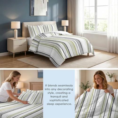 Black Green Stripes California King Duvet Cover Set, Country Vintage