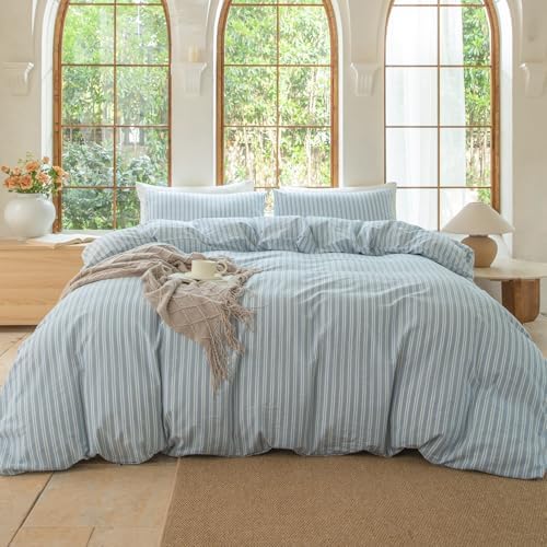 Luxury 100% Washed Cotton Linen Like Duvet Cover Set,3 Pcs Striped