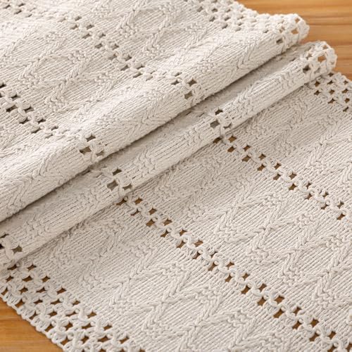 DeZerlor Ivory Farmhouse Table Runner 90Inch Woven Linen Dining Runner