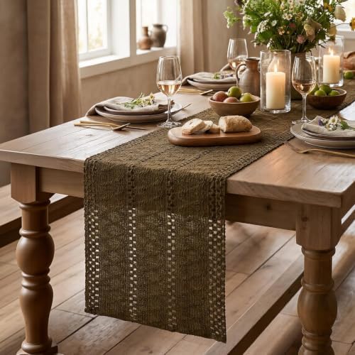 Artoid Mode Coffee Woven Farmhouse Hollow Table Runner 12x120 Inch