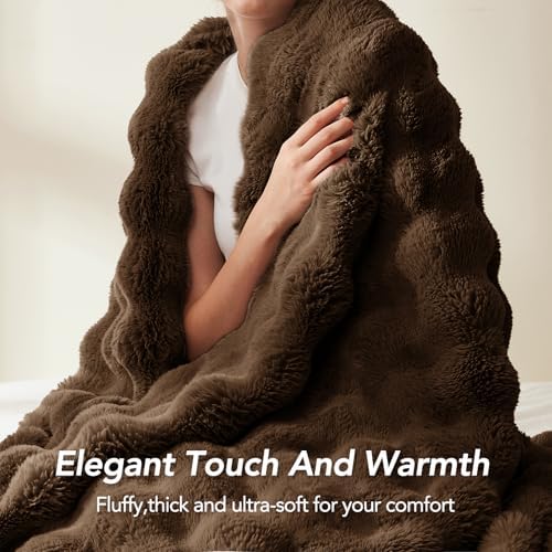 L'AGRATY Faux Rabbit Fur Throw Blanket for Couch, 60'' x 80'', Cocoa
