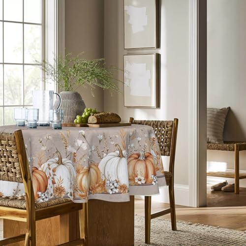 Horaldaily Fall Tablecloth 90 x 90 Inch Round White Orange Pumpkin