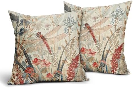 Kawani Summer Dragonfly Pillow Covers 18X18 Inch Red Floral Flower