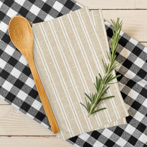 Beige White Stripes Kitchen Towels Set of 3, Rustic Warm Beige Lines