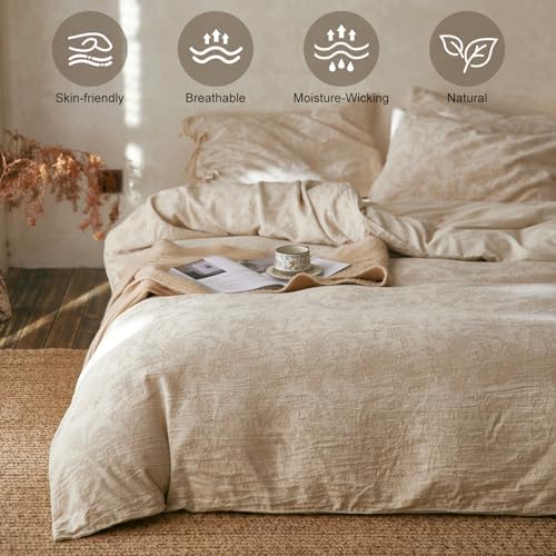 Linen Cotton Duvet Cover Queen Floral Jacquard Textured
