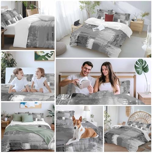 Grey Abstract Bed Duvet Cover Queen Size Bedding Set, Washed Patterned