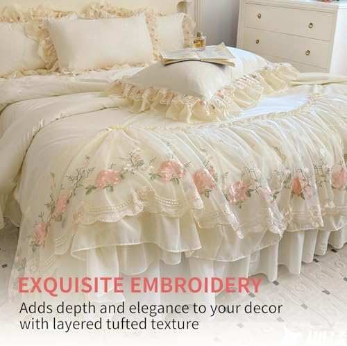 French Chic Bedding Set 4-Piece - Romantic Lace Trim Washed Cotton