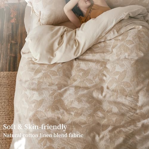 Linen Cotton Duvet Cover Full,Soft Breathable,Leaves Jacquard Textured