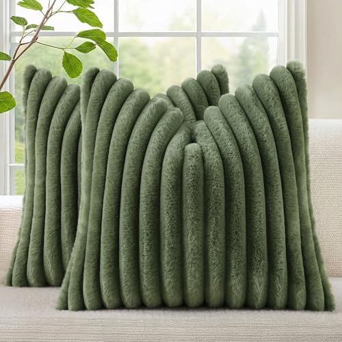 decorUhome Fall Faux Fur Throw Pillow Covers 22x22 Set of 2 Olive
