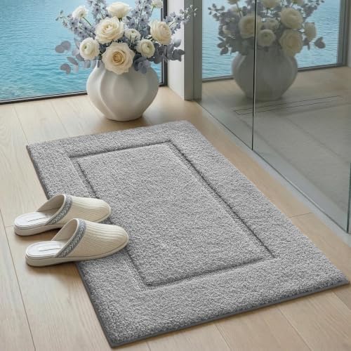 DEXI Bath Mat 24x16, Soft Absorbent Bathroom Rugs Non Slip, Light Grey