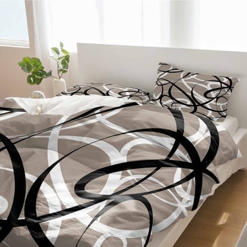 Duvet Cover Set Queen, Abstract Stripe Black White on Gray 3 Piece