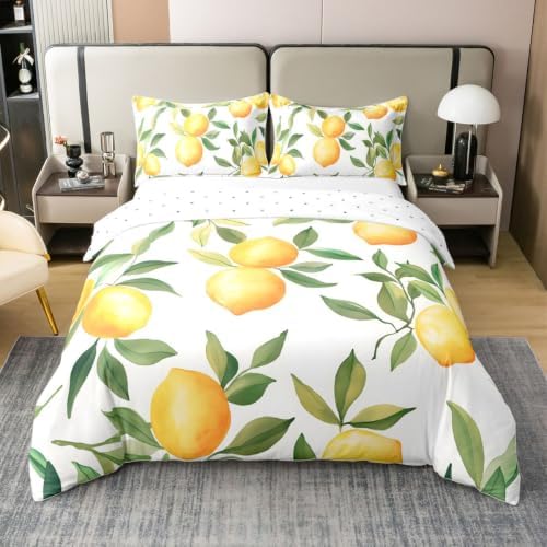 Manfei Lemons Duvet Cover Set Full Size 100% Cotton,Fruit Leaves Plant
