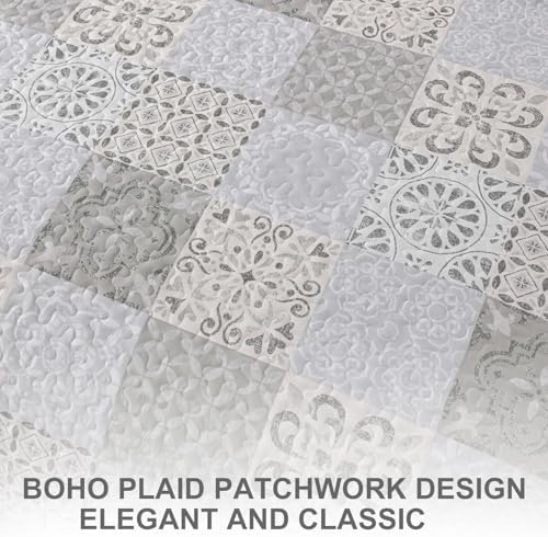 Dobuyly Queen Size Quilt Set Boho Grey Beige Plaid Patchwork