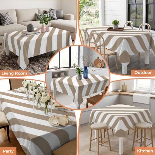 Country Taupe White Stripe Waterproof Tablecloth Rectangle Washable