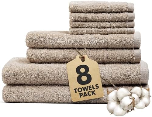 Bath Towels Set of 8 – 100% Ring Spun Cotton (Beige) Bathroom Towel