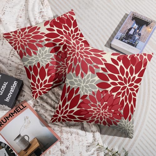 Red Christmas Pillow Covers 18X18 Inch Set of 2, Dahlia Flower Spring