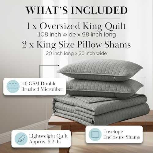 Quilt King Size Bedding Set with 2 Quilted Pillow Shams, Steel Grey