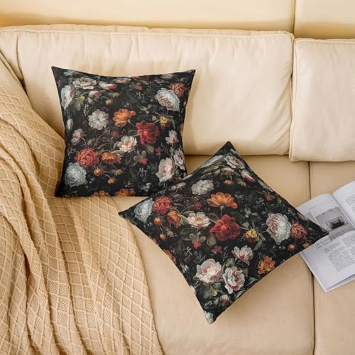 Red White Peony Floral Throw Pillow Covers 18x18 Set of 2 Boho Oil
