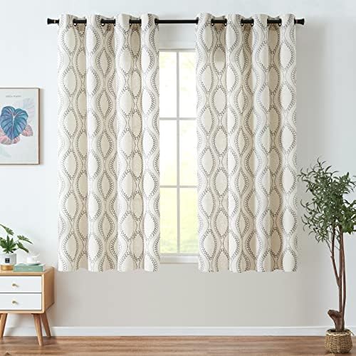 jinchan Boho Linen Curtains 63 Inch Grey on Beige Grommet 2 Panels