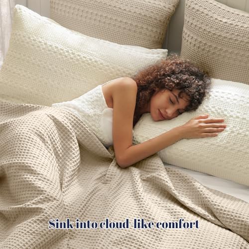 PHF Cotton Waffle Pillow Shams King Size 20" x 36", Ivory, No Insert