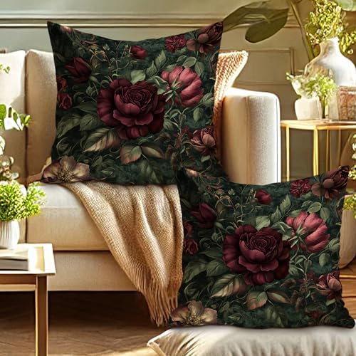 Vintage Floral Pillow Covers Set of 2, Dark Red Rose Botanical Throw