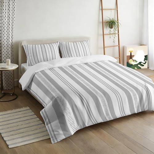 3 Pieces Bedding Set King Size, Grey Striped Soft Duvet Covers Set