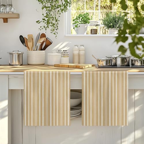 Brown Beige Striped Kitchen Towels Set of 3, Absorbent Dish Towels for