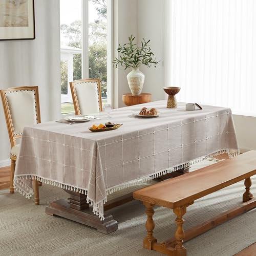 ZeeMart Boho Rectangle Grid Tablecloth with Tassels, Taupe 60x120in