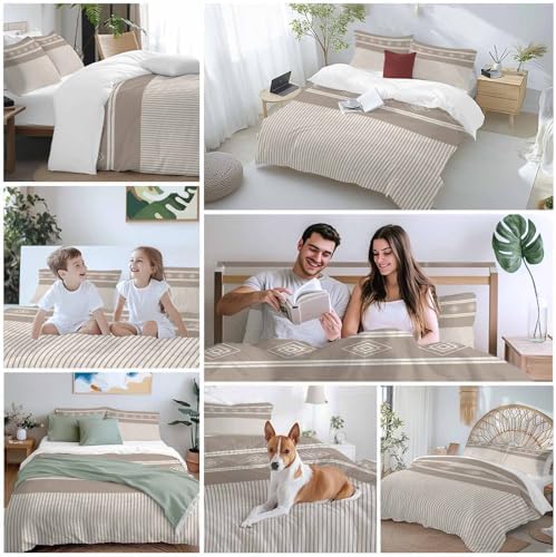 LooPoP Duvet Cover Set Queen Size Beige Stripes Comforter Sets
