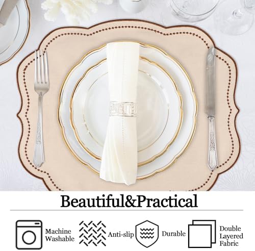Cotton Linen Placemats Set of 4 - Double Layered, Luxury Scalloped