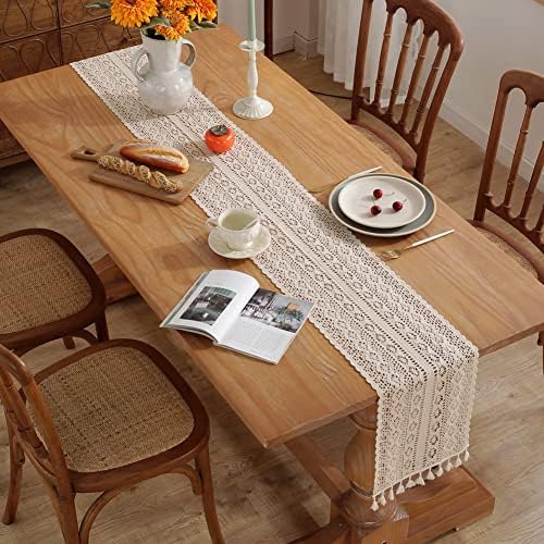 meioro Crochet Lace Table Runner, 10x72 Inch Boho Cotton Table Runners
