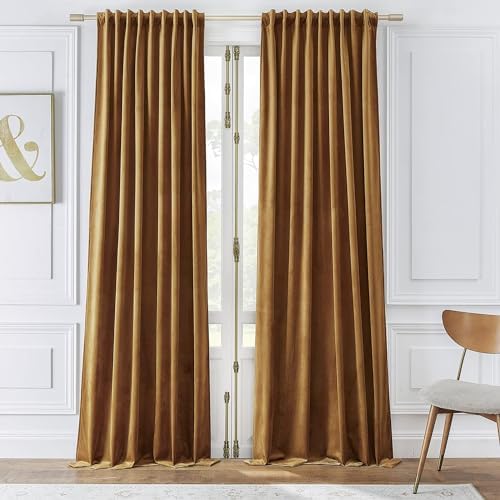 Timeper Gold Brown Blackout Back Tab Velvet Curtains 52x72 inches 2Pcs
