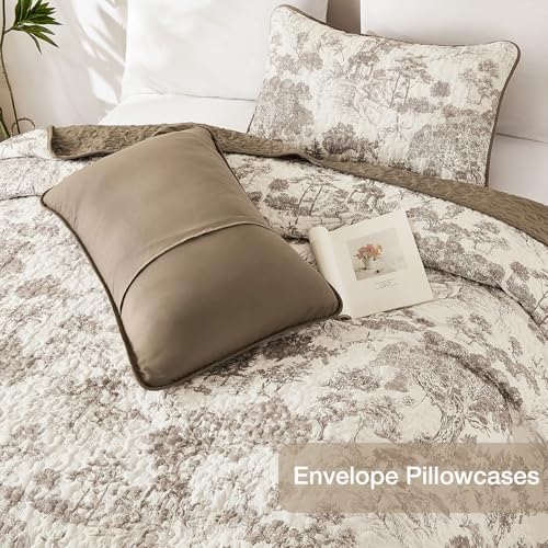 WONGS BEDDING Taupe Quilt Set Queen Size, Botanical Floral Bedspread