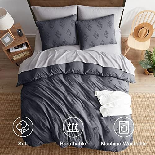Hearth & Harbor Boho Bedding - King Size 3 Piece Tufted Grey Duvet