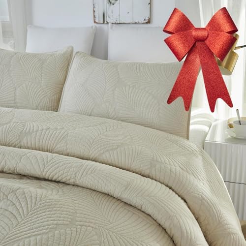 Brandream Beige Palm Quilt Set Queen Size Cotton Matelasse Tropical