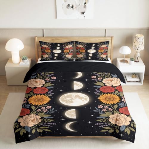 King Duvet Cover Set Soft Microfiber Starry Sky Flowers