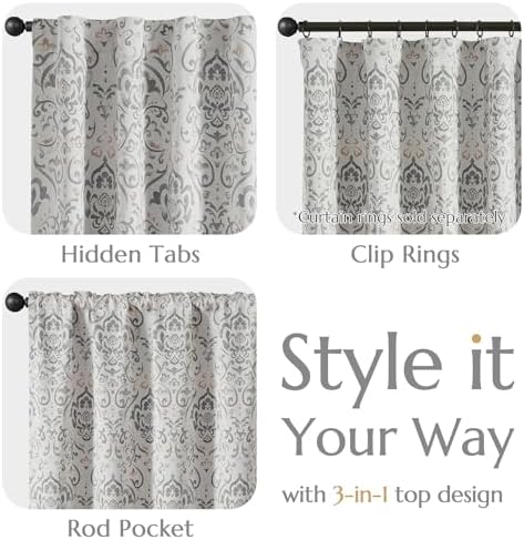 Lazzzy Gray Damask Blackout Curtains 63 Inch Length, Grey Floral