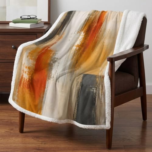 Fleece Sherpa Bed Blankets, Orange Beige Gray Microfiber Plush Flannel