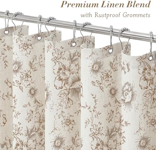 Brown Floral Linen Shower Curtain, Cottagecore French Country, 72x84