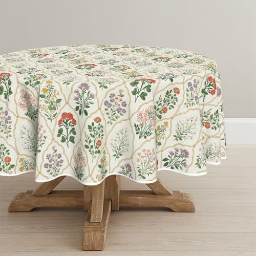 Horaldaily Tablecloth 70×70 Inch Round, Vintage Art Deco Floral Beige