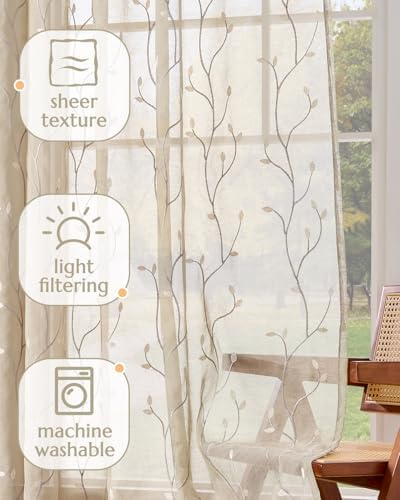 jinchan Beige Leaf Voile Embroidered Curtains 96 Inch Back Tab 2