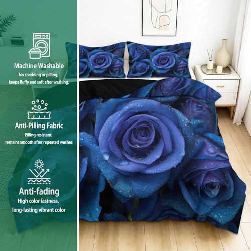 King Duvet Cover Set Romantic Flowers Blue Roses Bedding with