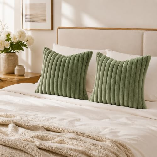 Simmore Faux Fur Striped Olive Green Throw Pillow Covers 22x22 Set of