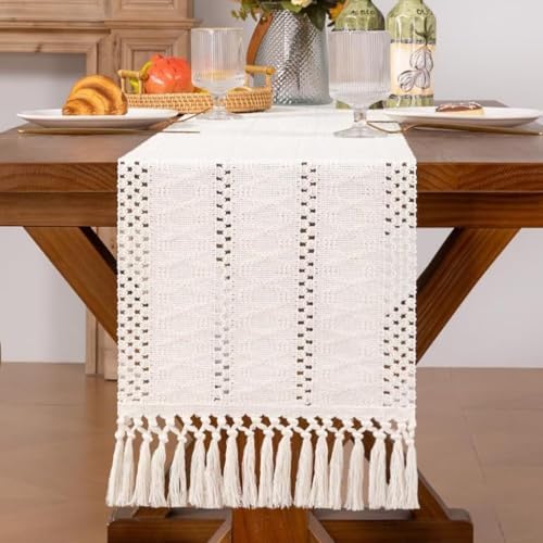 Macrame Style Boho Table Runner, Beige Table Runners 138 Inches Long