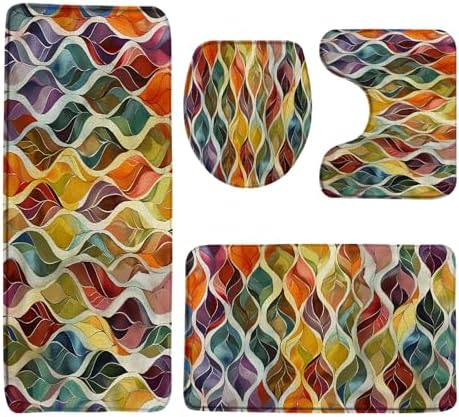 4 Pieces Bath Rugs Boho Abstract Leaves Mid Century Retro Colorful
